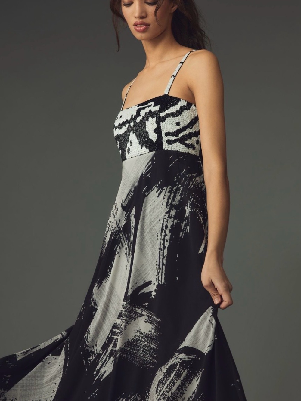 Spaghetti-Strap Black & White Print Maxi Dress
